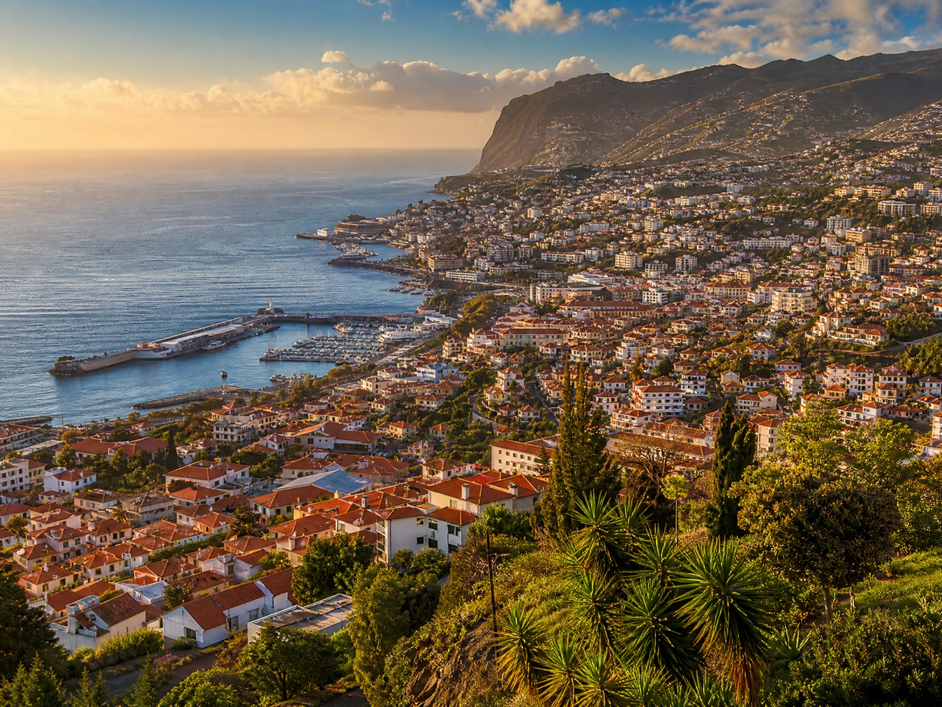 Blick über Funchal mit terrakottafarbenen Dächern hinab zur Bucht und zum Atlantik