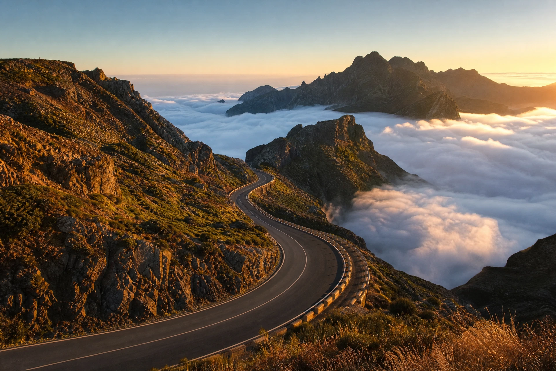 Leere Bergstraße über dem Wolkenmeer in den Höhen von Madeira